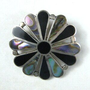 Campo Taxco Mexico Vintage Sterling Silver Abalone Onyx Inlay Brooch Pin 925 MCM